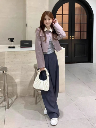 Contrast color lapel imitation buckskin long-sleeved jacket for women autumn  new fashion high-end temperament jacket top