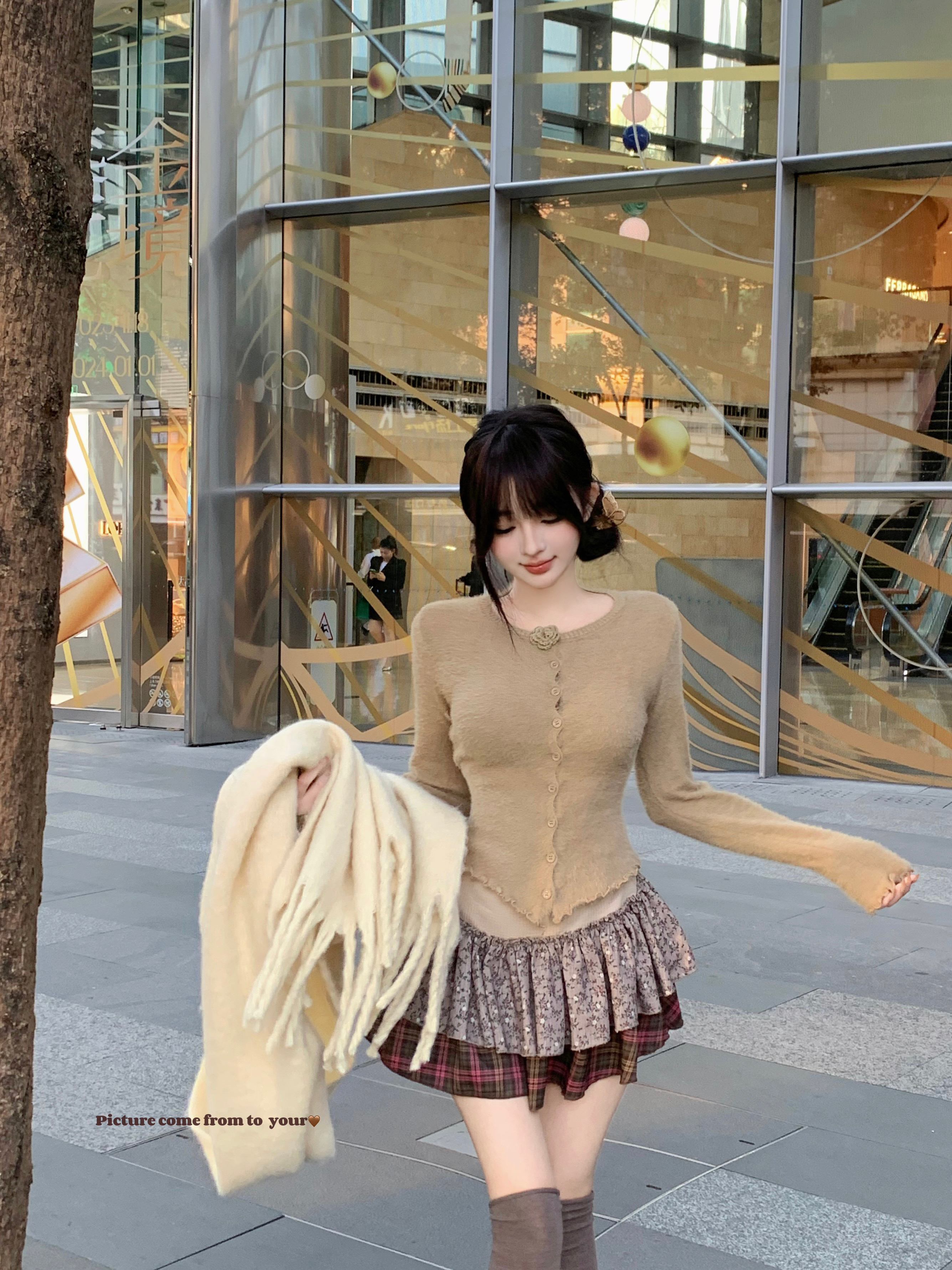 Real shot~ Soft mink fur short solid color slimming knitted bottoming sweater cake skirt suit