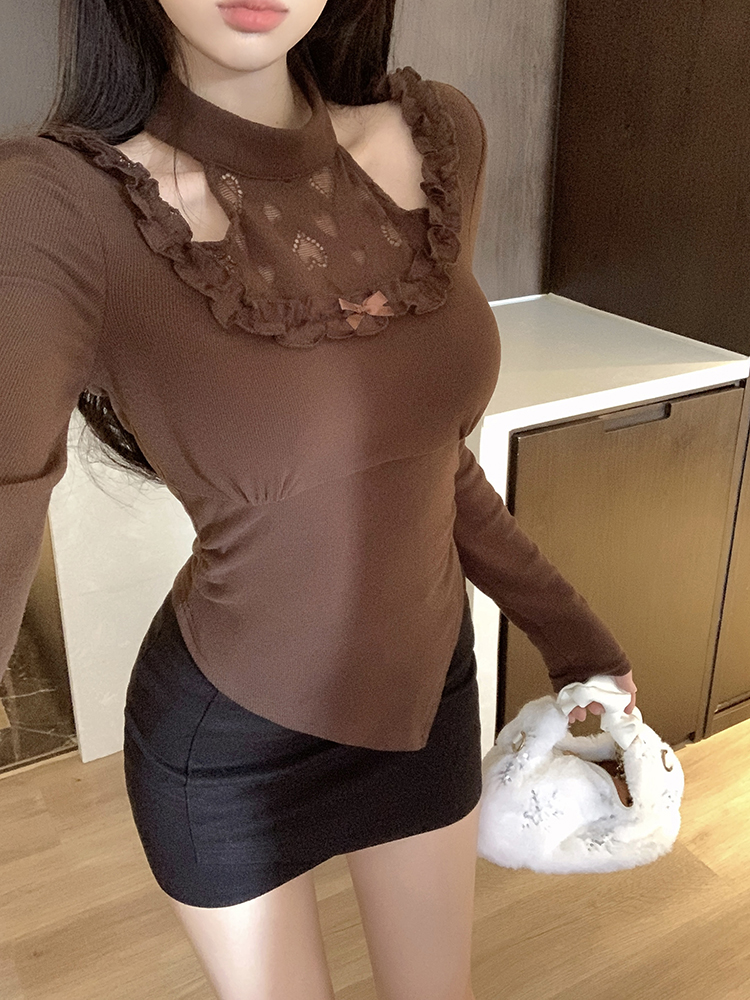 實拍 掛脖鏤空針織衫女秋冬方領修身顯瘦鎖骨打底上衣
