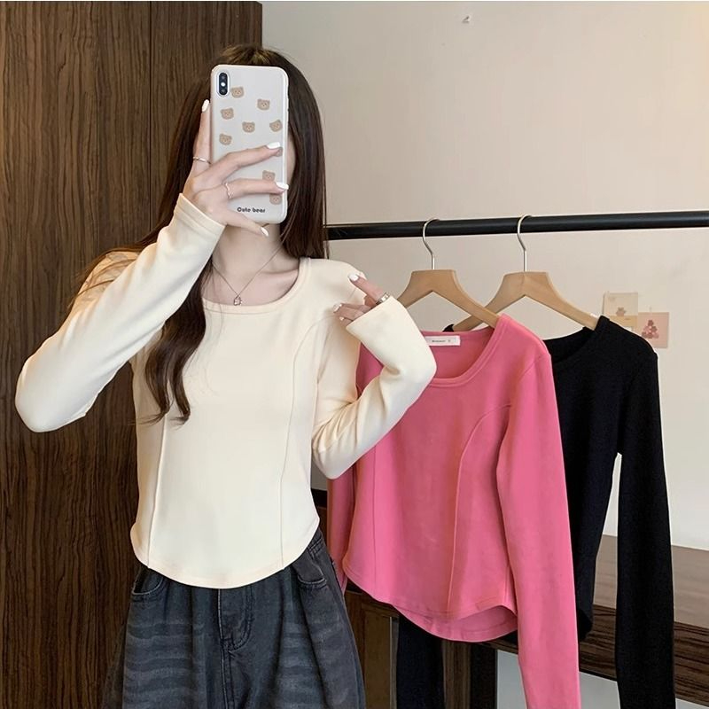 1*1 double-sided German velvet long-sleeved bottoming shirt for women, autumn and winter new design, unique fishbone top, slim T-shirt