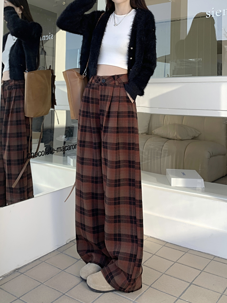 Real shot Hong Kong style velvet thickened slimming plaid pants high waist wide leg pants