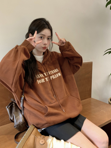 Real shot~baby velvet hooded long-sleeved sweatshirt oversixe lazy style warm top for female students