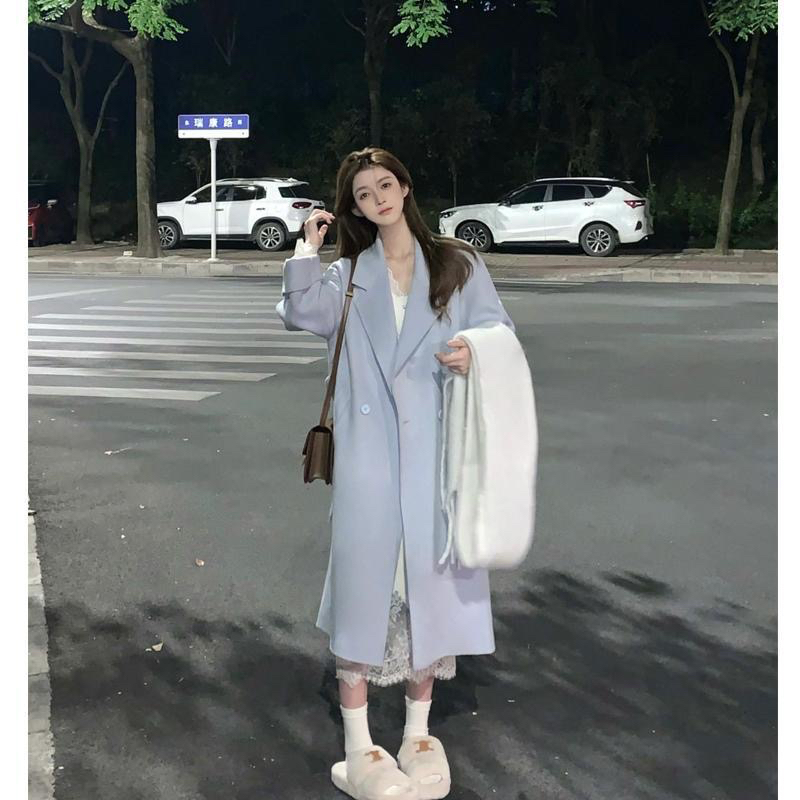 毛呢外套2023新款秋冬小個子氣質加厚長款赫本風藍色呢子大衣女