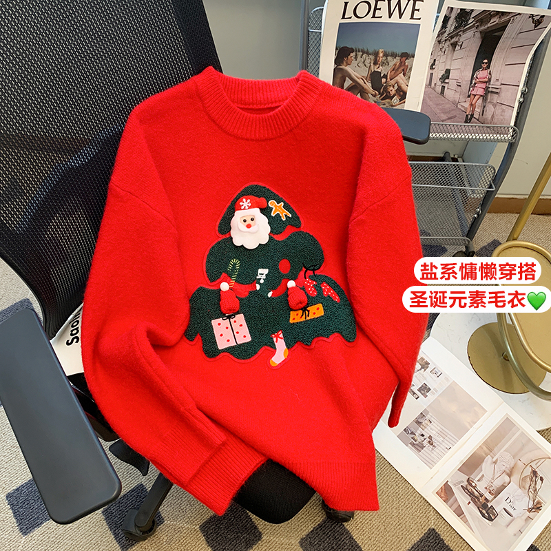 紅色聖誕毛衣女慵懶風寬鬆洋氣套頭長袖上衣秋冬2023新款加厚外穿