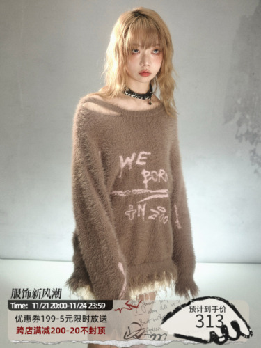 Romantic punk graffiti jacquard mink lazy pullover sweater niche design autumn and winter