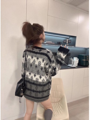 Mohair layered full printed temperament sweater  new autumn Korean style contrast striped outer sweater