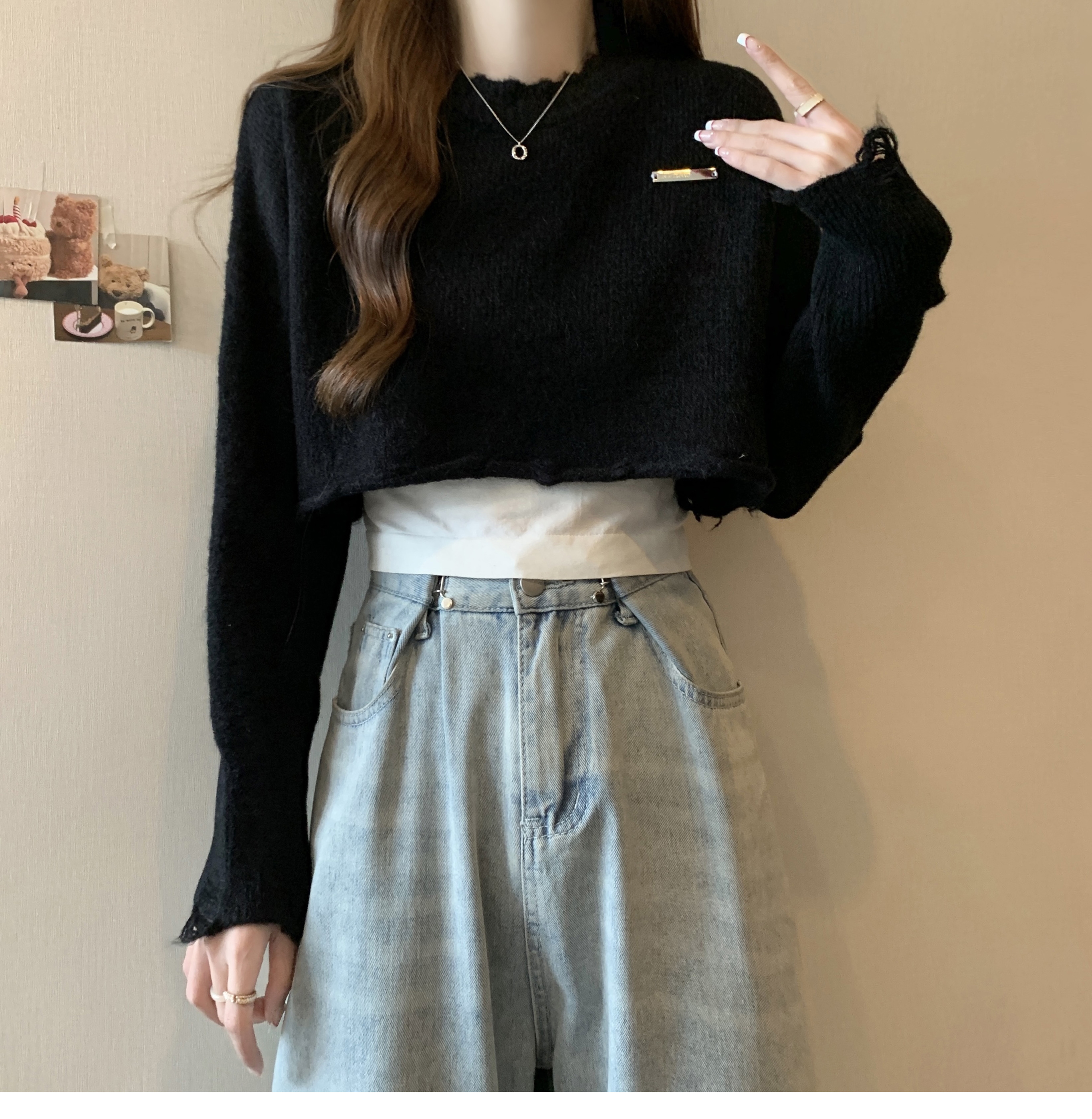 慵懶風破洞寬鬆高腰短款毛衣女秋冬小個子設計感小眾別致針織上衣