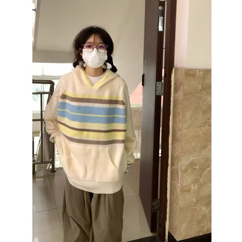 Sheep wool quality Japanese college style rainbow striped lazy style hooded sweater for women