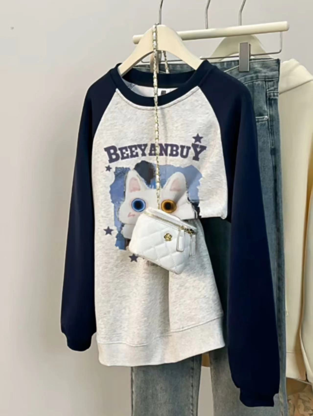 Chinese cotton composite thin 310g raglan contrasting color simple round neck sweatshirt long-sleeved top for women