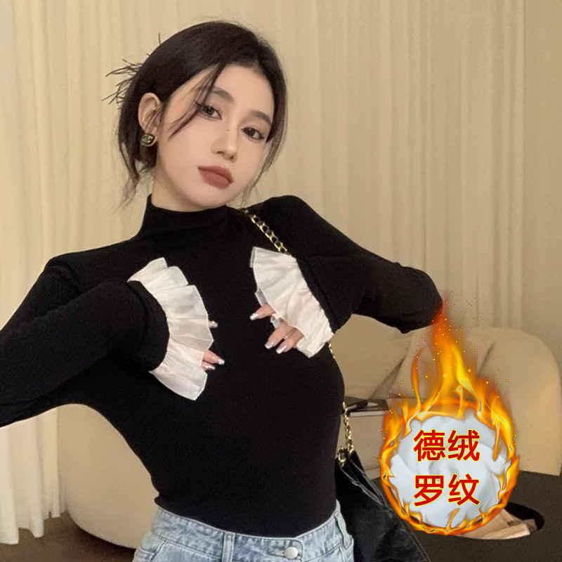 官圖 德絨羅紋內搭高領保暖打底衫女長袖秋冬拼接荷葉邊T恤上衣