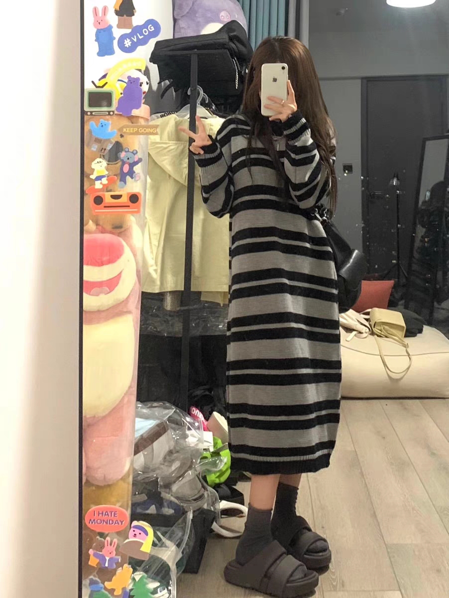 Lazy style striped sweater knitted dress loose mid-length autumn and winter new style bottoming layered with an over-the-knee skirt
