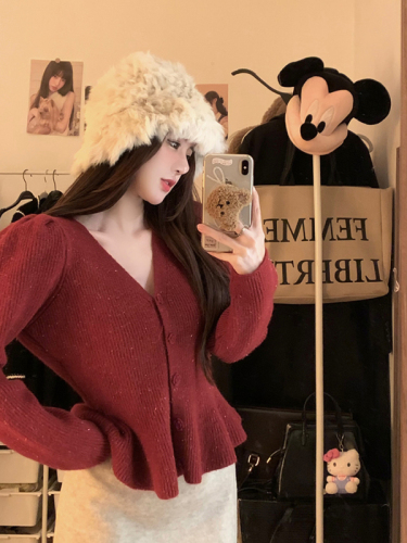 Actual shot ~ New autumn and winter Korean style French style ruffled sparkling knitted sweater cardigan jacket for women