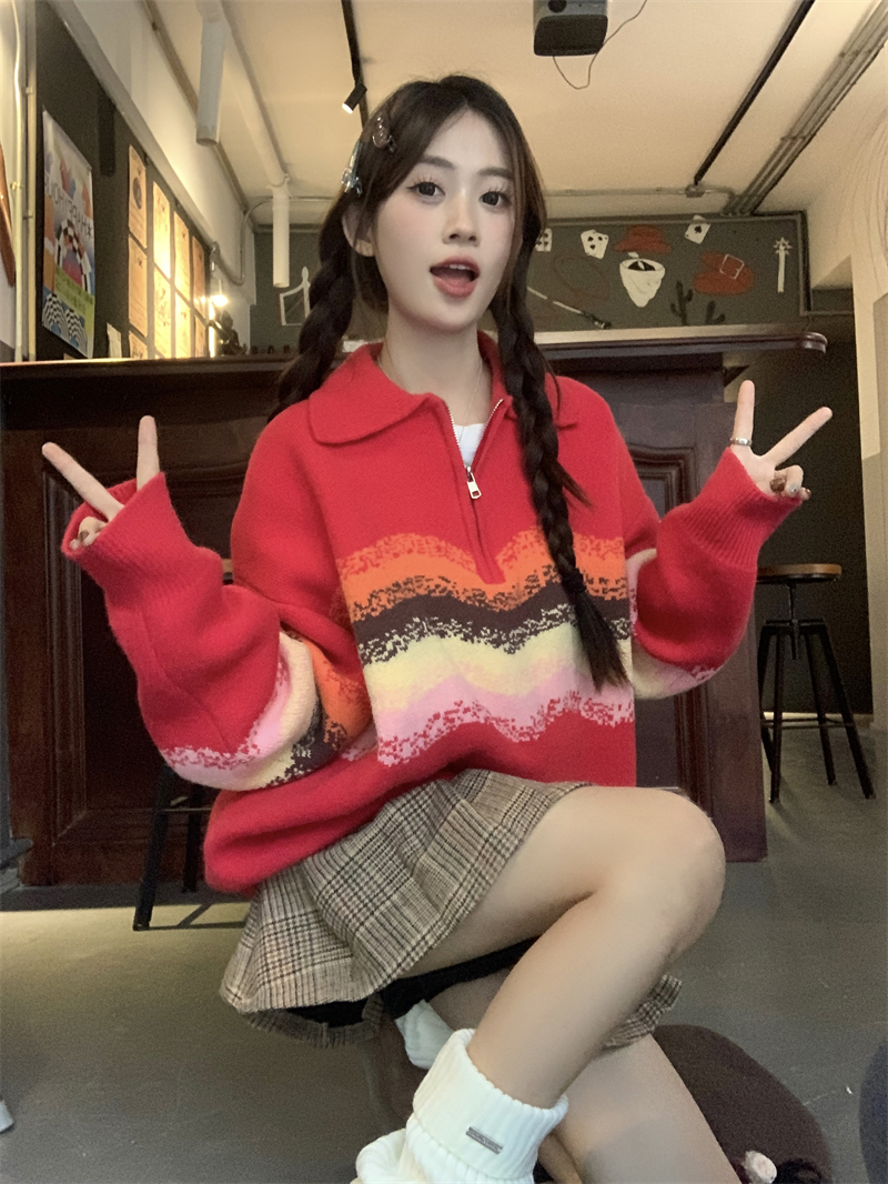 Real shot American retro Christmas striped sweater women's autumn and winter lazy loose knitted jacket for couples