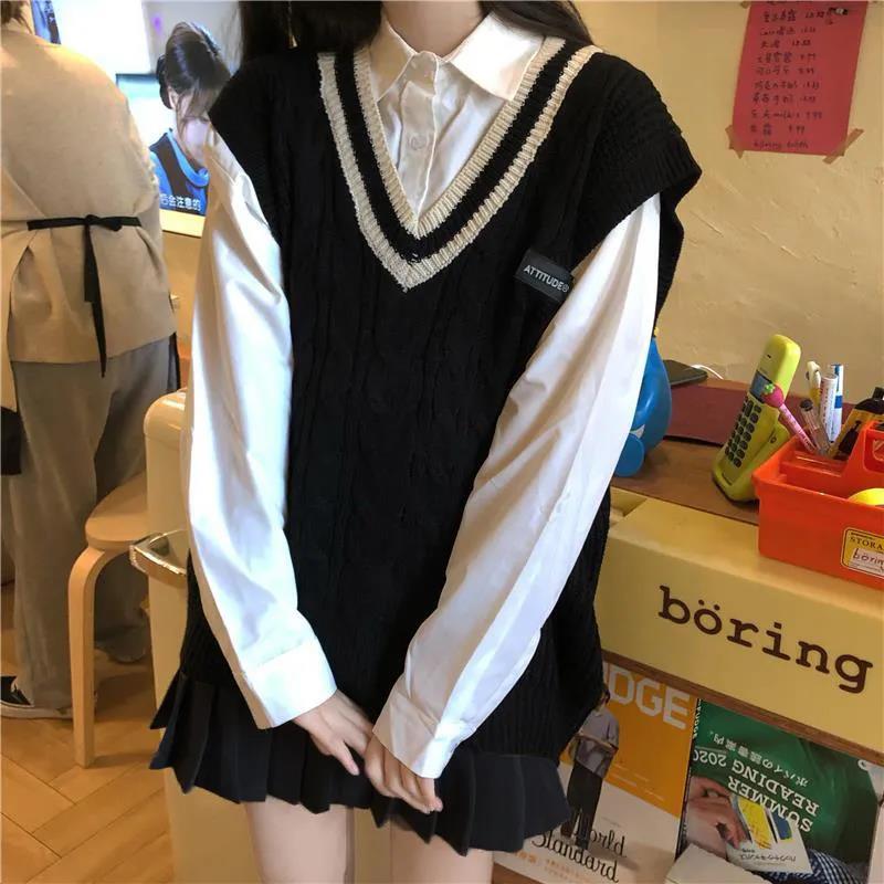 學院風拼色v領jk制服針織毛衣女春秋新款甜美馬甲背心女