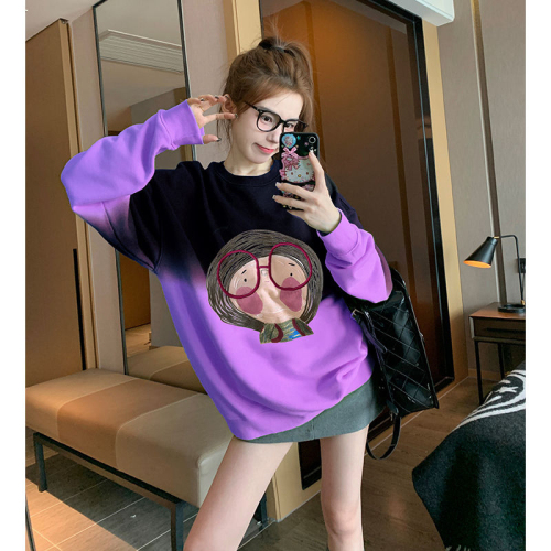 2024韩版新款时尚紫色渐变圆领卫衣女加绒加厚套头上衣