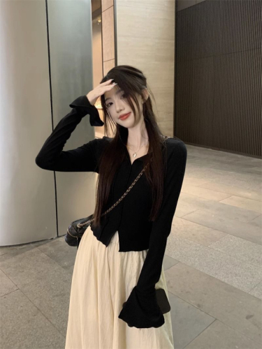V-neck temperament flared long-sleeved top long high-waisted wide-leg culottes for women autumn 2023 new fashion two-piece set