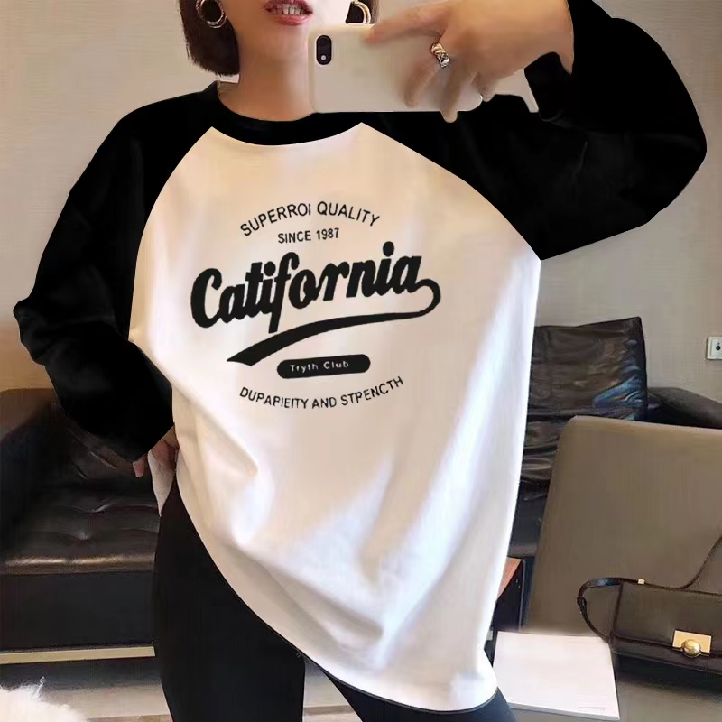 春秋季新款純棉長袖t恤女設計感小眾上衣撞色寬鬆減齡打底衫