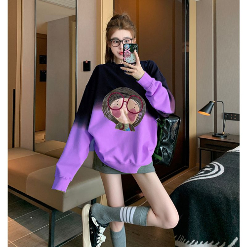 2024韩版新款时尚紫色渐变圆领卫衣女加绒加厚套头上衣
