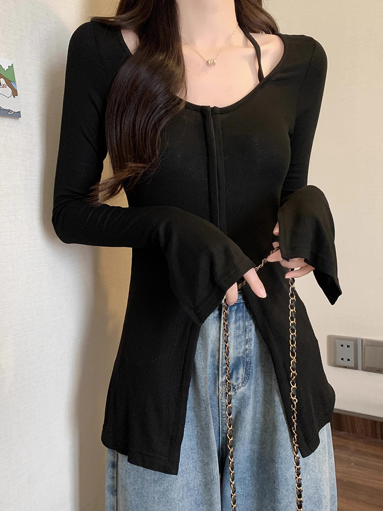 螺紋德絨黑色u領掛脖長袖T恤女秋季開叉打底衫上衣