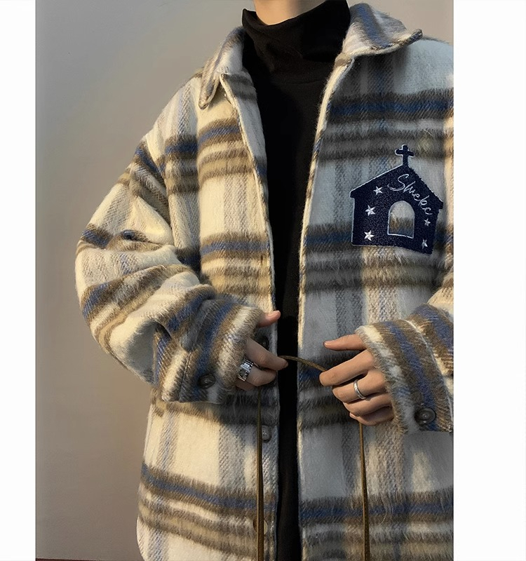 Wool plaid small fragrant style coat lapel plaid loose retro couple jacket fashionable and versatile trend