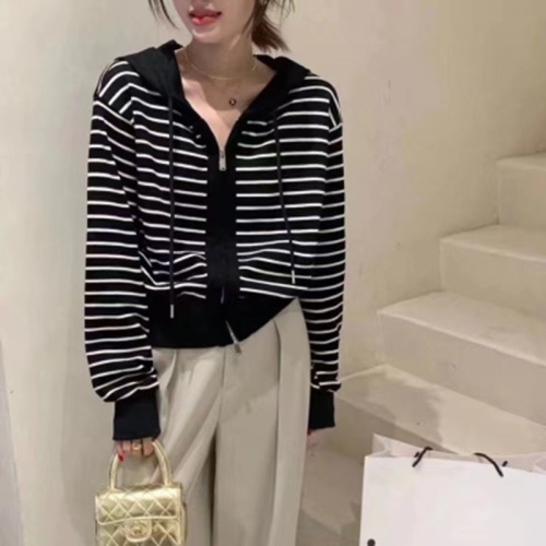 American retro age-reducing striped hooded knitted cardigan for women  new style foreign style versatile slimming top
