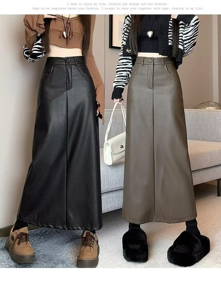 Plus size fat mm retro pu leather skirt skirt for women autumn high waist slim mid-length skirt slit A-line hip skirt