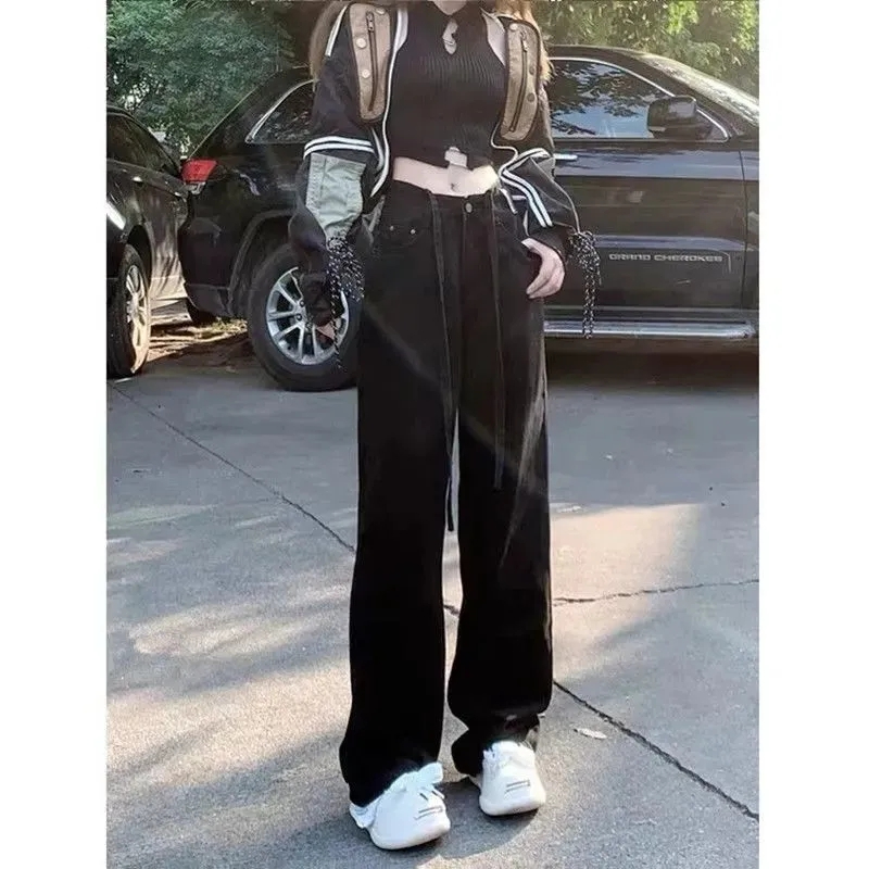 High-waisted black workwear jeans for women 2023 spring and autumn new straight-leg loose slimming high street drawstring pants ins