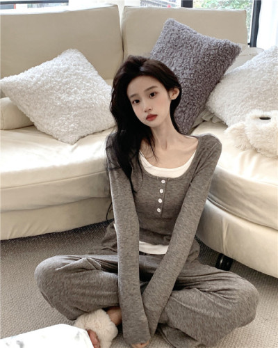 Real shot~Autumn and winter suit thickened brushed fake two-piece long-sleeved T-shirt top + narrow leg casual trousers