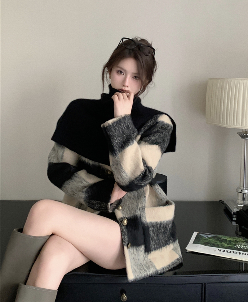 實拍秋冬復古時尚顯瘦西裝格子毛呢外套夾棉+高領圍脖女