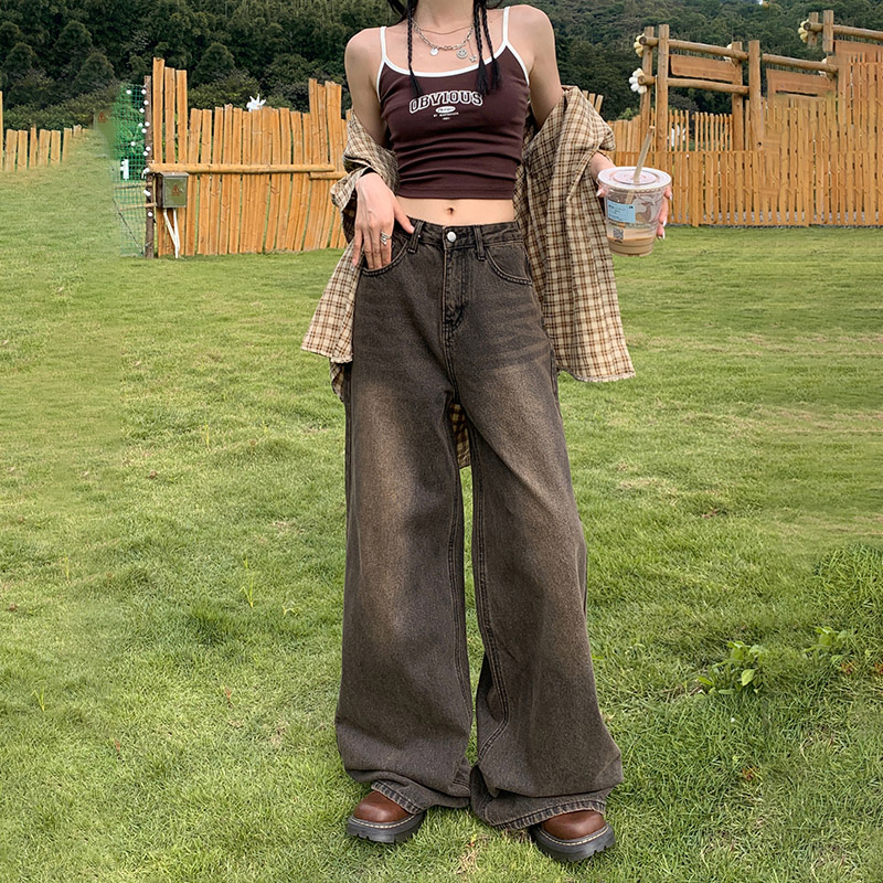 Actual shot of vintage distressed high-waisted loose wide-leg pants high street Maillard straight-leg jeans for women & extended trousers