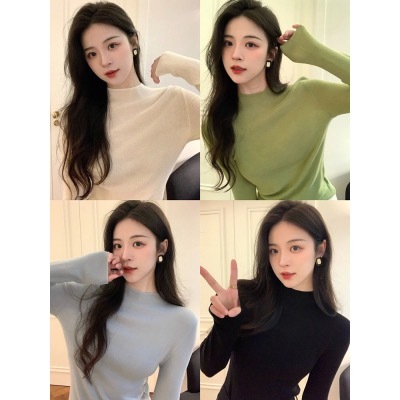 杏色半高領毛衣針織打底衫女秋冬季緊身修身內搭圓領上衣高級感