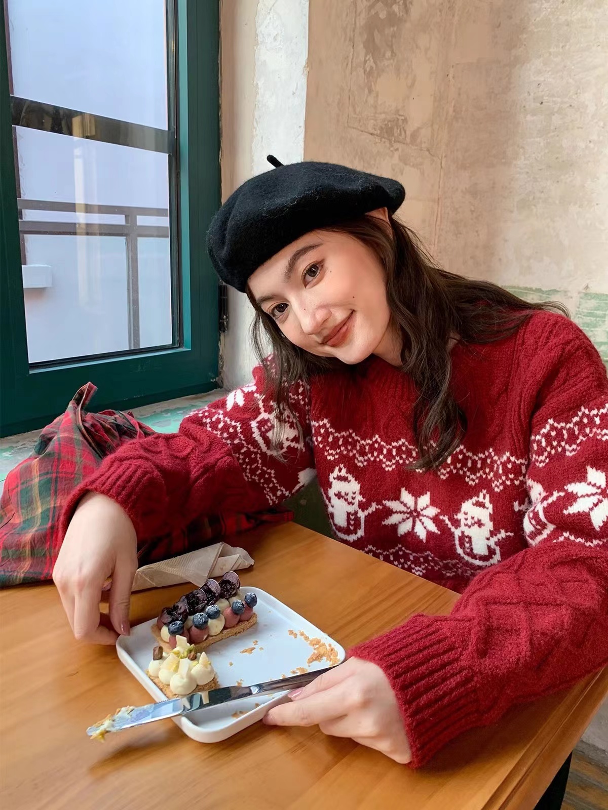 中長款紅色圓領毛衣女秋冬新款慵懶風寬鬆長袖針織衫上衣