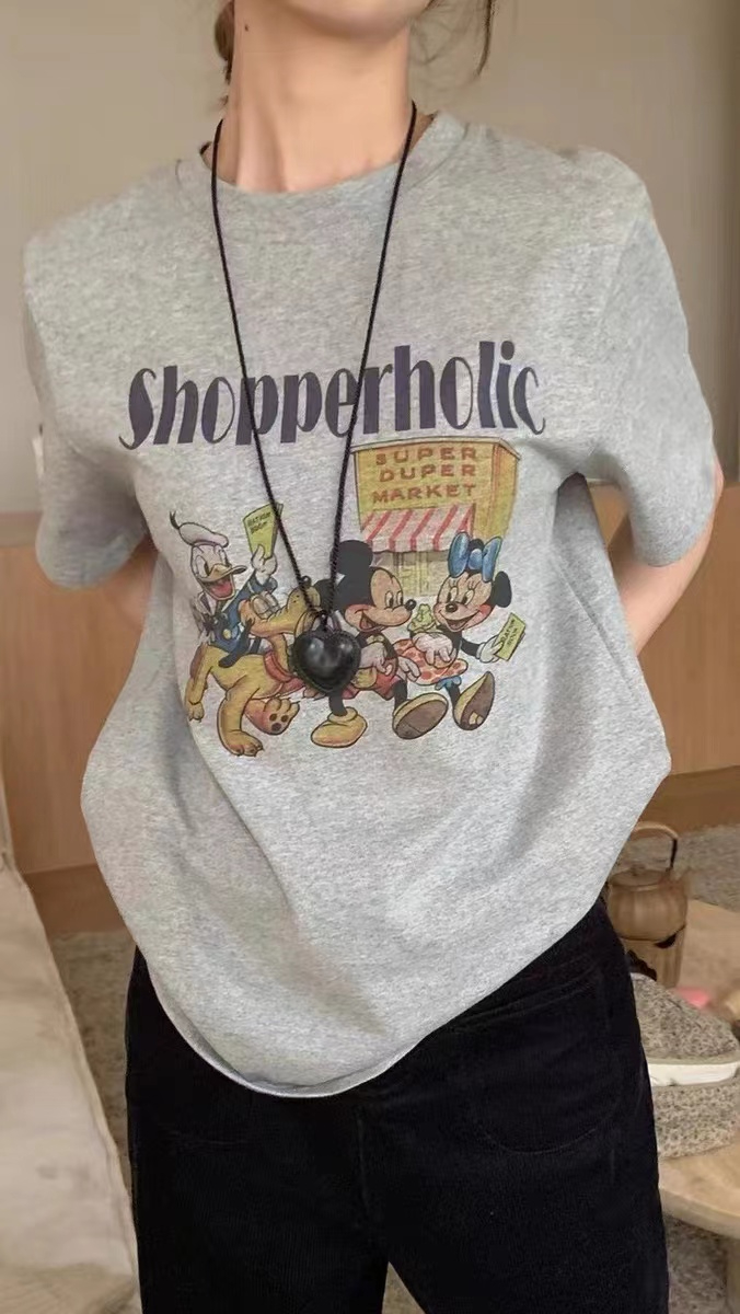 Silk cotton double-sided velvet Mickey printed short-sleeved T-shirt for women in autumn and winter thickened bottoming shirt with half-sleeved top