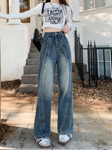 Real shot ~ American retro spliced ​​straight jeans for women in autumn new high-waisted loose slimming wide-leg pants