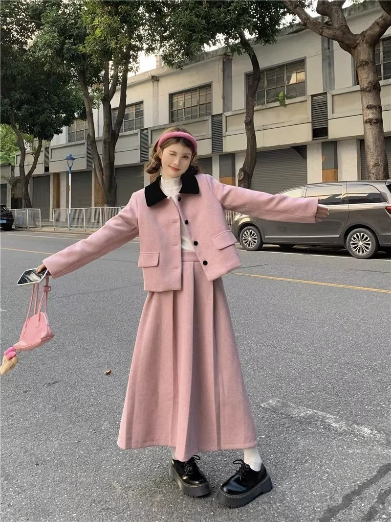 polo領甜美法式設計感長袖毛呢外套高腰半身裙女秋冬2023新款套裝