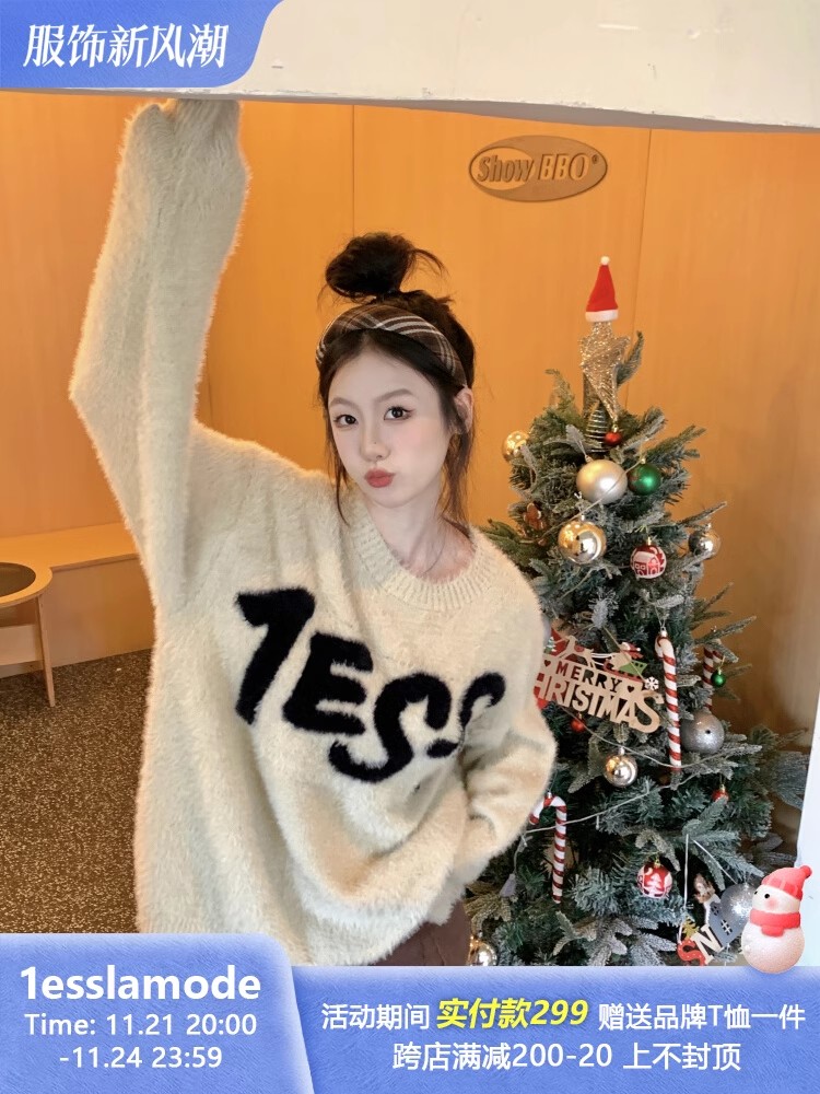 1ess la mode秋冬字母logo毛衣寬鬆套頭圓領仿水貂毛衣基礎休閒款
