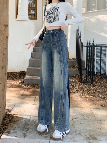 Real shot ~ American retro spliced ​​straight jeans for women in autumn new high-waisted loose slimming wide-leg pants