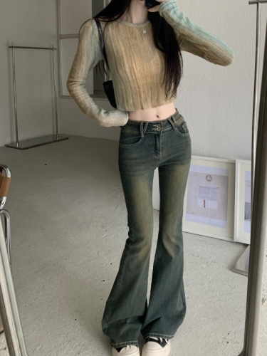 Actual shot of new autumn and winter velvet thickened slightly flared stretch denim wide-leg pants