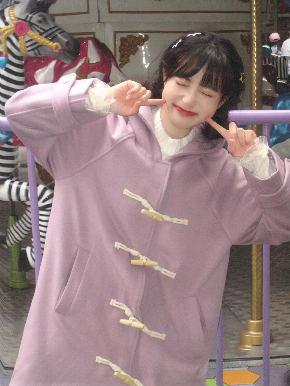 紫色蝴蝶結毛呢外套女秋冬小個子溫柔設計感牛角扣中長款呢子大衣