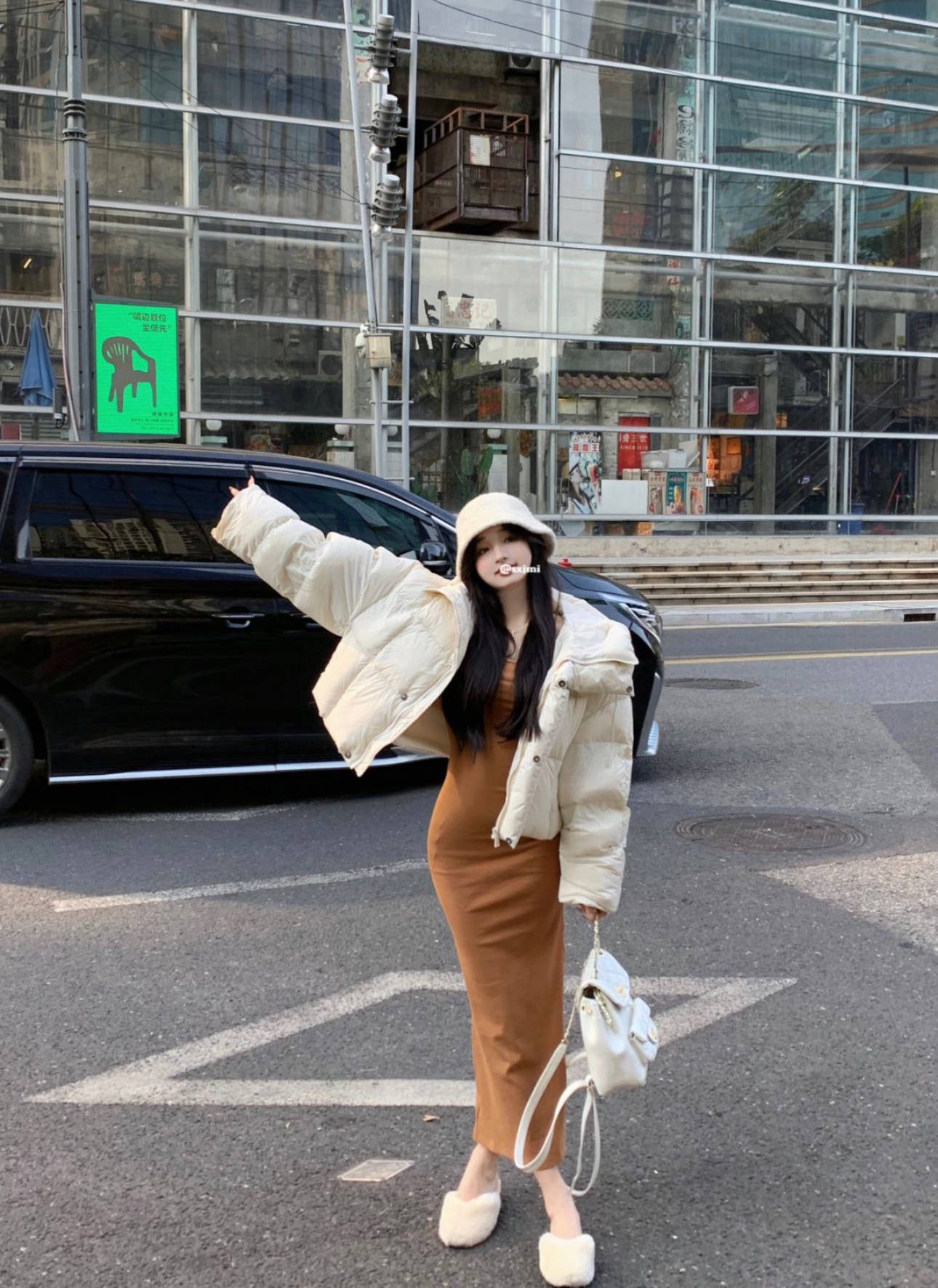 實拍霧感連帽加厚小個子美拉德泡芙棉服短款顯瘦連衣裙套裝
