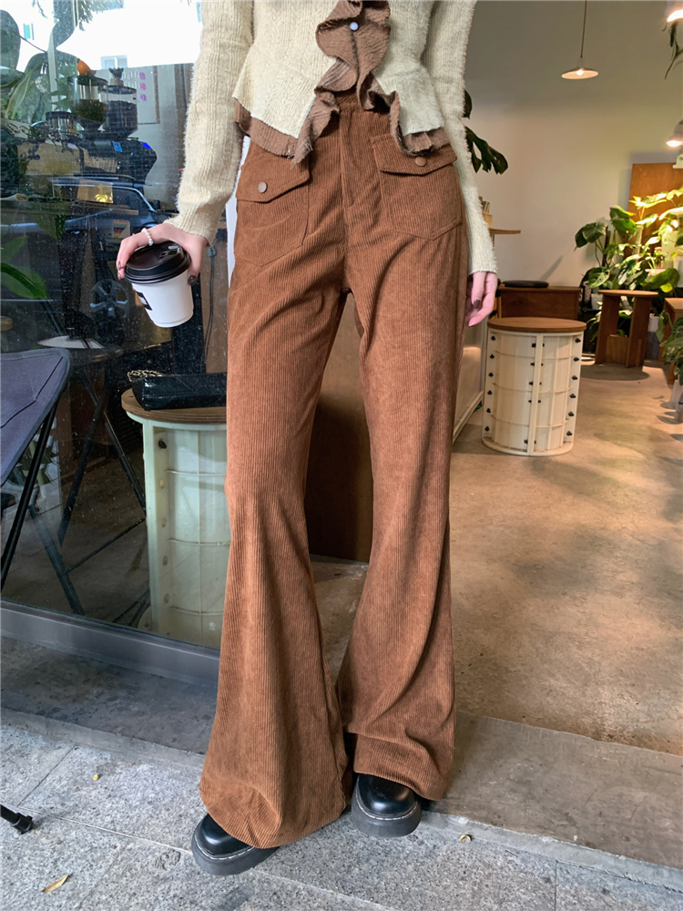 Real shot!  Autumn and winter versatile retro solid color slim long micro-flared pants for women coffee-colored corduroy casual pants