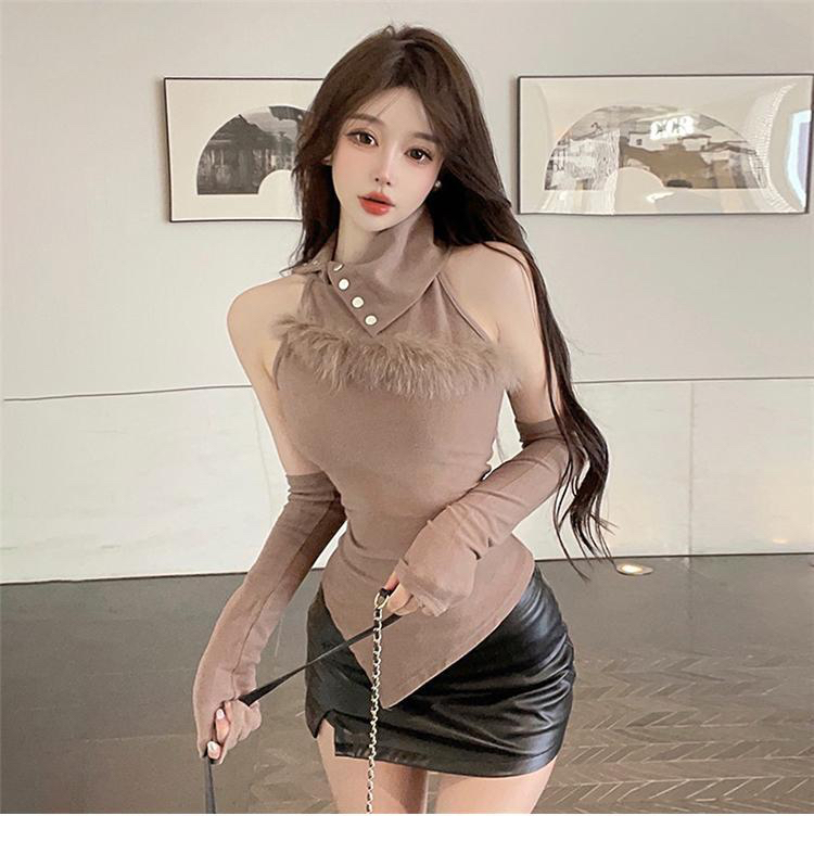 Autumn Pure Desire Sweet and Spicy Furry Spliced ​​Lapel Vest with Sleeves Slim Fit Irregular Sexy Top