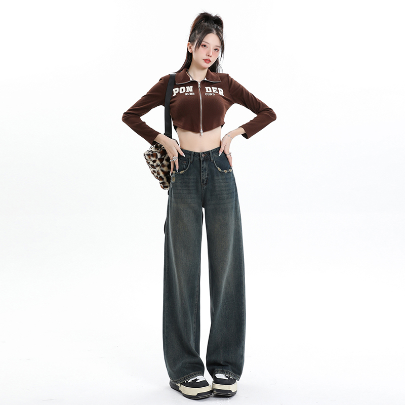 Real shot cement gray straight jeans 2023 autumn and winter high-waisted drapey wide-leg floor-length pants for small people