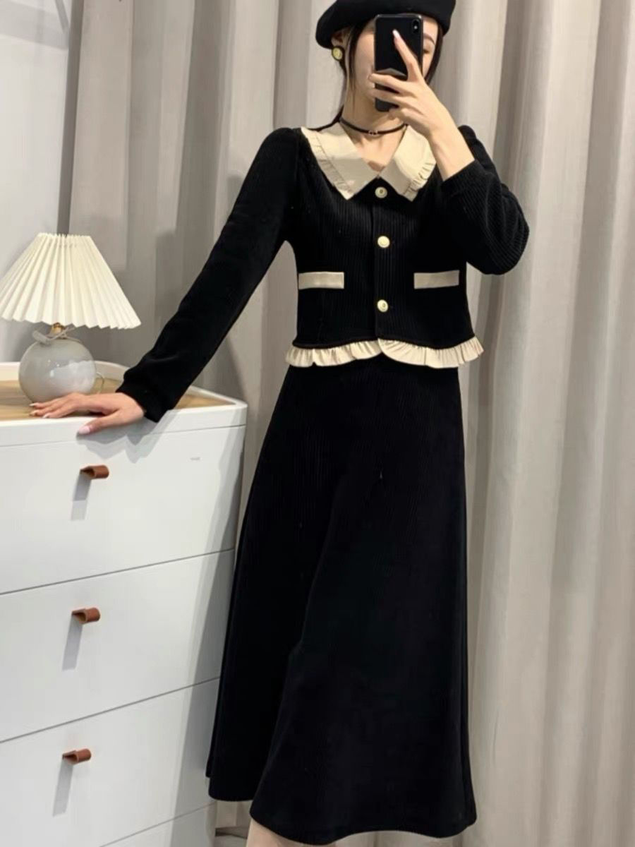 法式赫本風套裝裙女秋冬優雅氣質方領荷葉邊撞色燈芯絨連衣裙套裝
