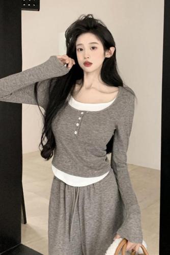 Real shot~Autumn and winter suit thickened brushed fake two-piece long-sleeved T-shirt top + narrow leg casual trousers