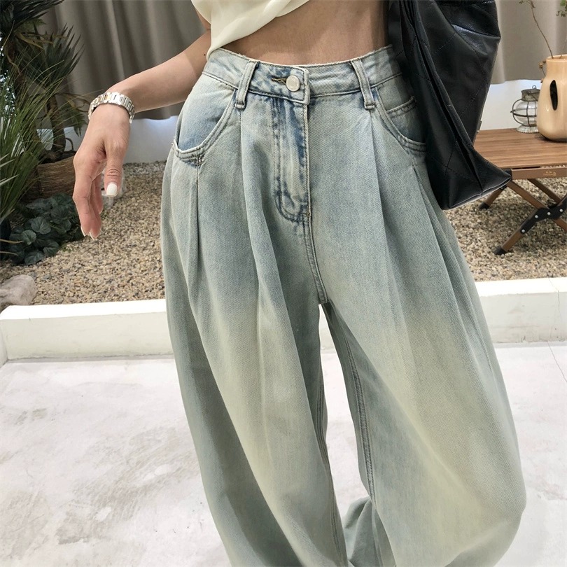2023 Summer Korean Style Blue Denim Wide Leg Pants Women's High Waist Loose Slim Pleated Design Straight Leg Floor-Mopping Pants
