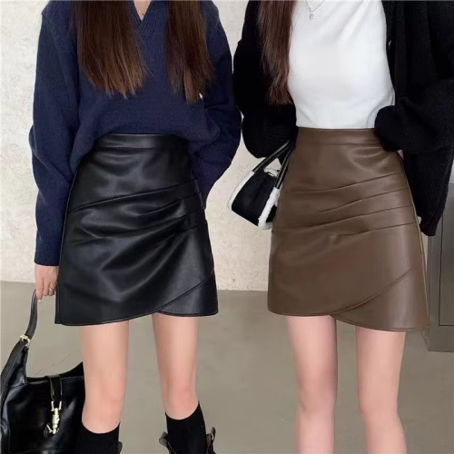 High-waisted leather skirt skirt for women autumn and winter  new large size fat mm design pleated A-line hip-hugging short skirt