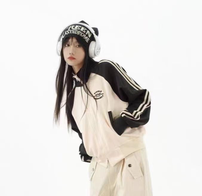 American Retro College Style Hot Girl Short Zipper Cardigan Women's Striped Color Block Stand Collar Casual Jacket
