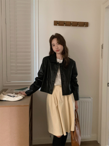 实拍 韩版法式复古黑色皮衣外套夹克