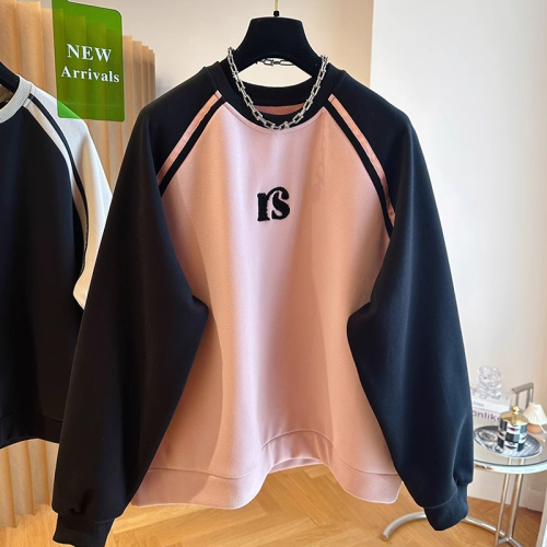 Official Photo  New Korean Version Contrast Color Splicing Raglan Sleeve Sweater Women's Thickened Winter Velvet Round Neck Top